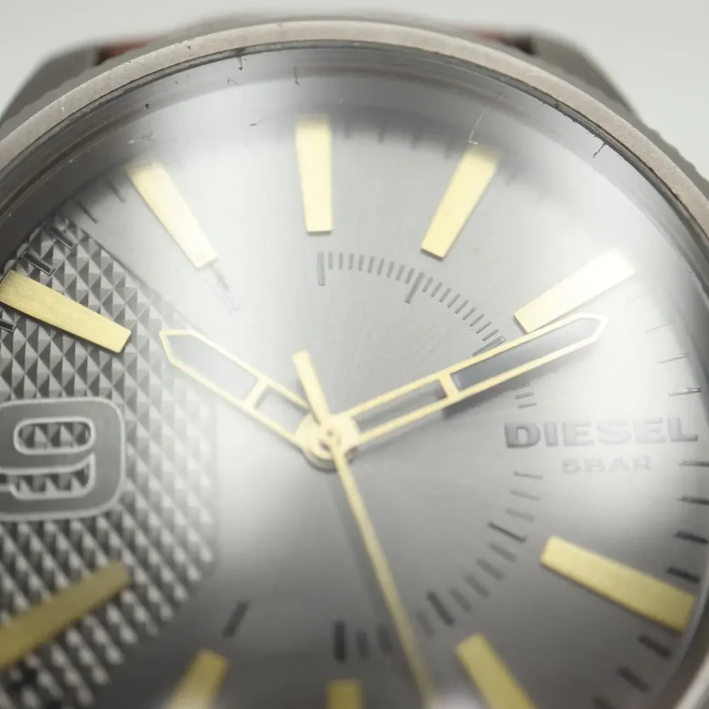 Diesel Mens Gunmetal Gray 46mm Watch Brown Faux Leather DZ1843 w New Battery